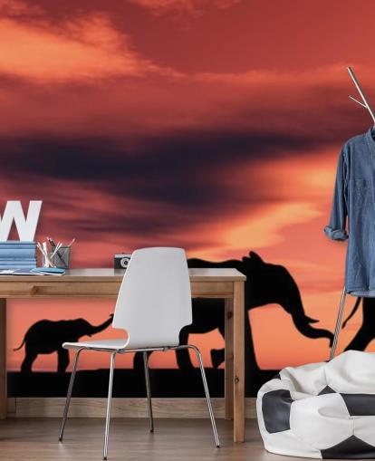 Elefantfamilj i solnedgången väggmålning Elefantfamilj i solnedgången väggmålning