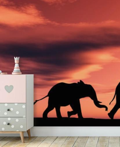 Elephant Family in Sunset Mural