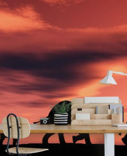 Decorazione murale con famiglia elefanti nel tramonto