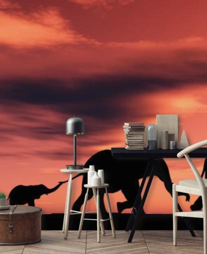 Elephant Family in Sunset Mural