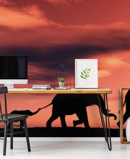 Peinture murale Famille d'éléphants au coucher