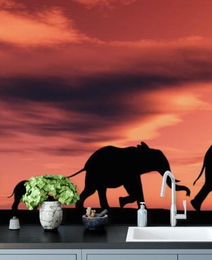 Elephant Family in Sunset Mural