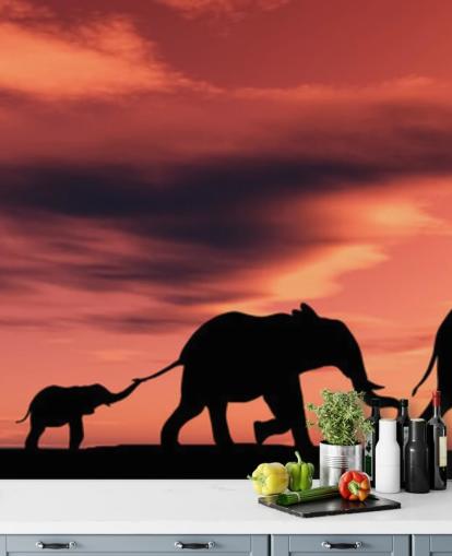 Elefanttiperhe auringonlaskun seinämaalauksessa Elefanttiperhe auringonlaskun seinämaalauksessa