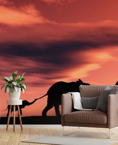 Elephant Family in Sunset Mural