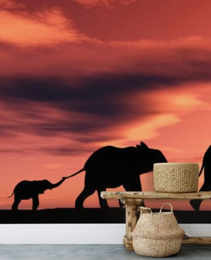 Elephant Family in Sunset Mural