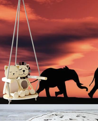 Elephant Family in Sunset Mural