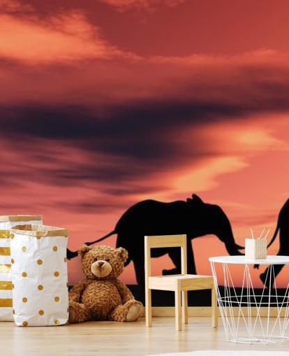 Peinture murale Famille d'éléphants au coucher