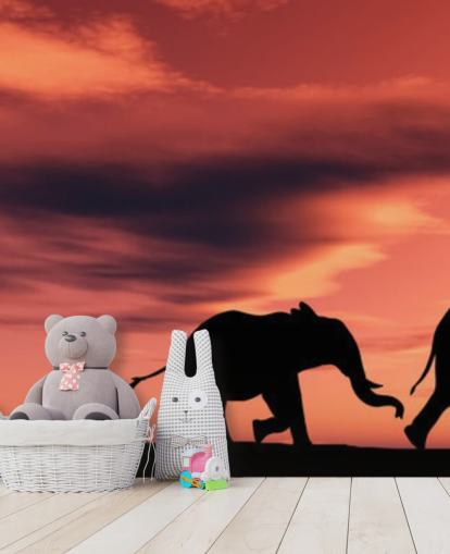 Elephant Family in Sunset Mural