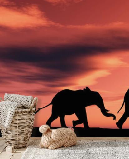 Elephant Family in Sunset Mural