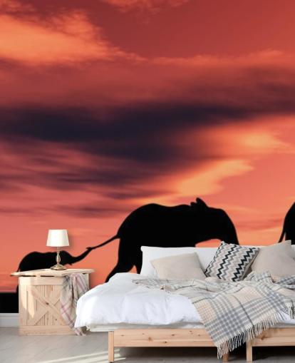 Peinture murale Famille d'éléphants au coucher