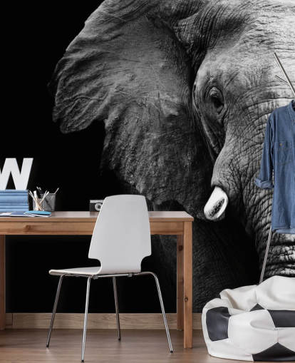 Mural de parede de retrato de meio elefante preto e branco 