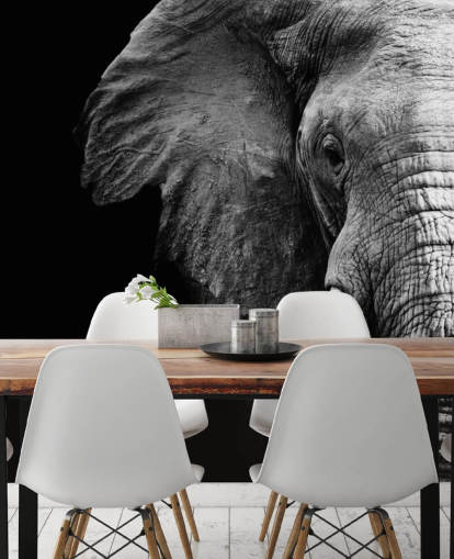 Mural de parede de retrato de meio elefante preto e branco 