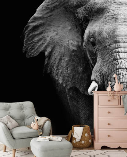 Zwart-witte halve olifant portret muurschildering Zwart-witte halve olifant portret muurschildering