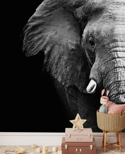 Mural de parede de retrato de meio elefante preto e branco 