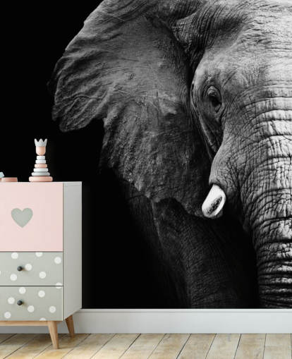 Mural de pared Retrato de medio elefante blanco y negro Mural de pared Retrato de medio elefante blanco y negro