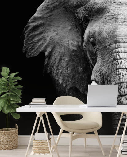 Svart och vitt halv elefant porträtt väggmålning 