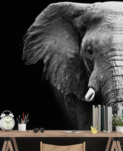 Mural de pared Retrato de medio elefante blanco y negro Mural de pared Retrato de medio elefante blanco y negro