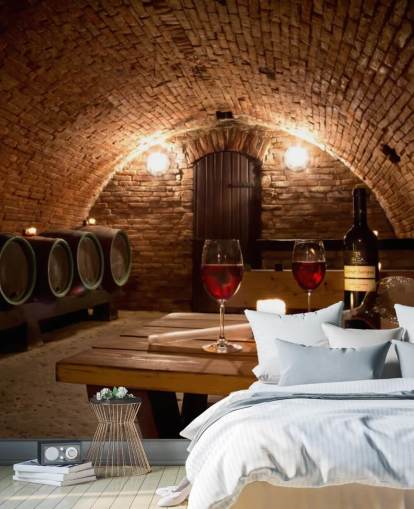 Acogedor papel pintado de bodega con dos copas de vino tinto