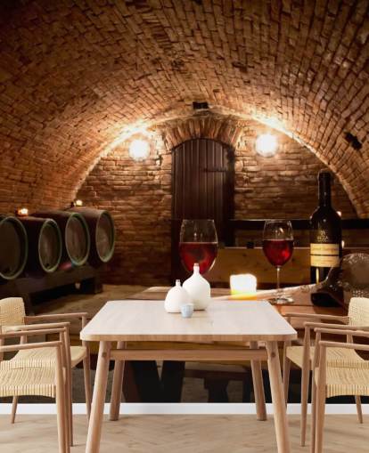 Cozy Wine Cellar with Two Glasses of Red Wine Wallpaper