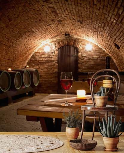 Adega aconchegante com dois copos de papel de parede de vinho tinto