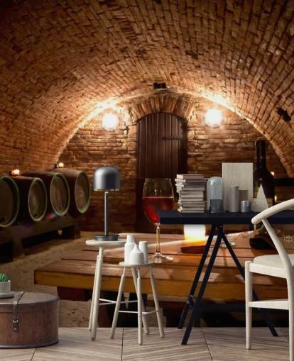 Cosy Wine Cellar with Two Glasses of Red Wine Wallpaper