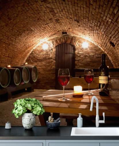 Acogedor papel pintado de bodega con dos copas de vino tinto Acogedor papel pintado de bodega con dos copas de vino tinto