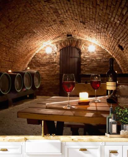 Cozy Wine Cellar with Two Glasses of Red Wine Wallpaper