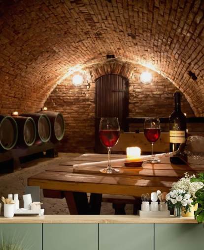 Adega aconchegante com dois copos de papel de parede de vinho tinto