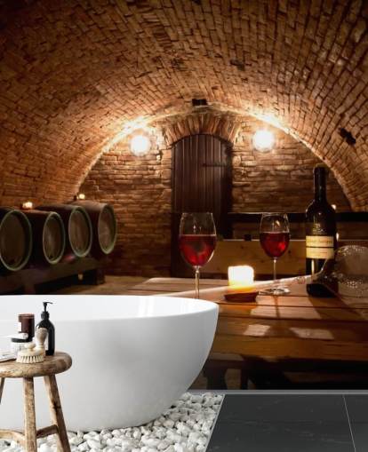 Acogedor papel pintado de bodega con dos copas de vino tinto