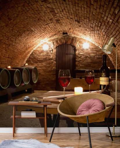 Acogedor papel pintado de bodega con dos copas de vino tinto