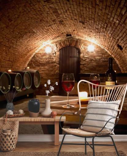 Cozy Wine Cellar with Two Glasses of Red Wine Wallpaper
