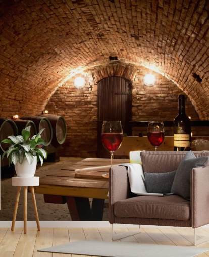 Cozy Wine Cellar with Two Glasses of Red Wine Wallpaper