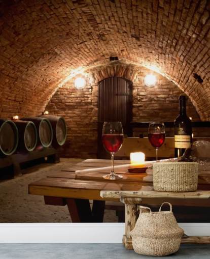 Cozy Wine Cellar with Two Glasses of Red Wine Wallpaper