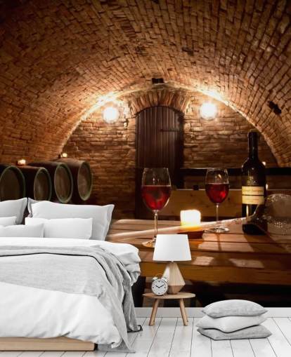 Adega aconchegante com dois copos de papel de parede de vinho tinto