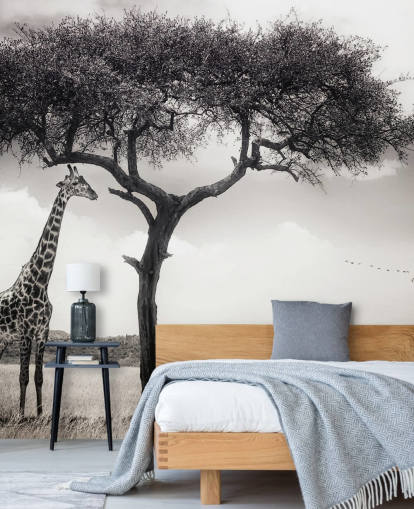 Carta da parati con paesaggio giraffa in bianco e nero