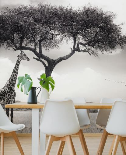 Papel pintado de paisaje de jirafa en blanco y negro