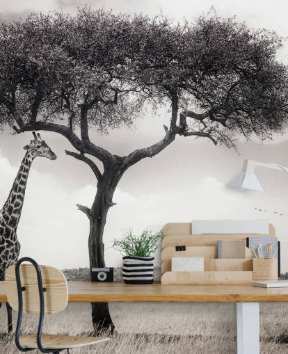 Papel pintado de paisaje de jirafa en blanco y negro