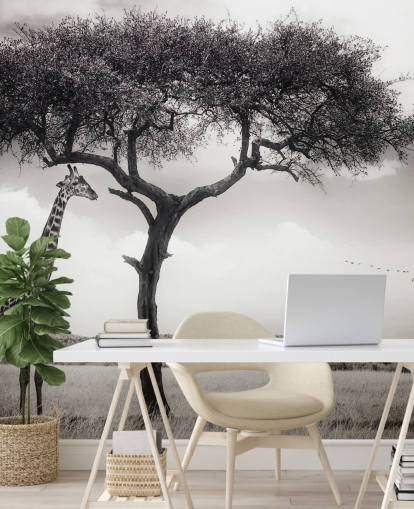 Carta da parati con paesaggio giraffa in bianco e nero