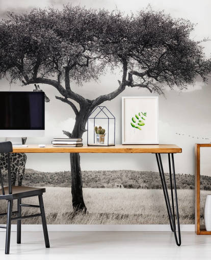 Papel pintado de paisaje de jirafa en blanco y negro