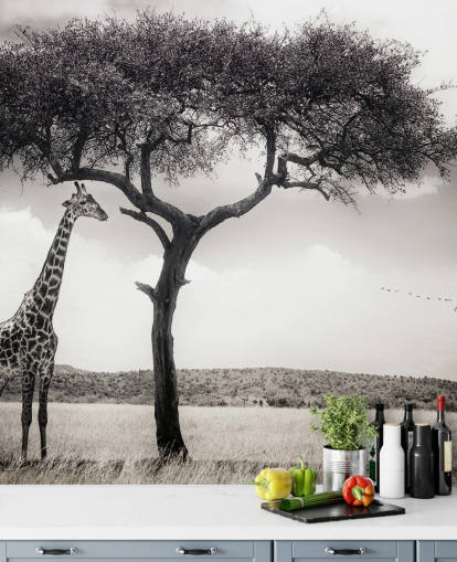 Papel pintado de paisaje de jirafa en blanco y negro