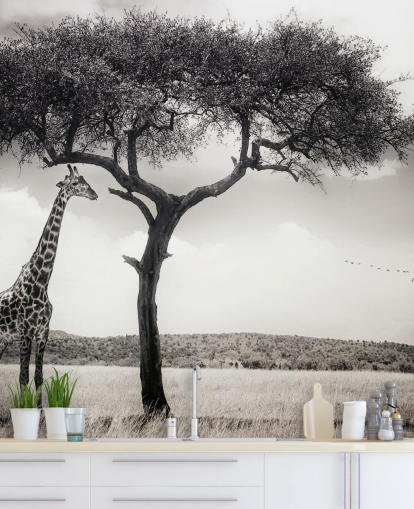 Papel pintado de paisaje de jirafa en blanco y negro