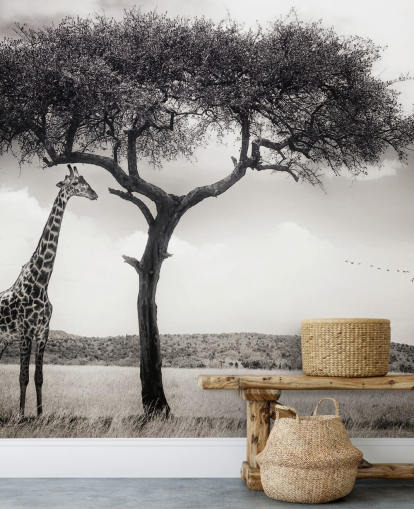 Papel pintado de paisaje de jirafa en blanco y negro