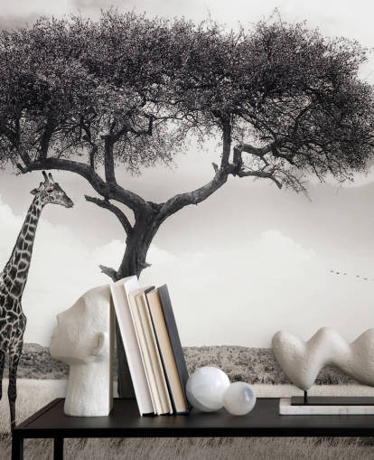 Carta da parati con paesaggio giraffa in bianco e nero Carta da parati con paesaggio giraffa in bianco e nero