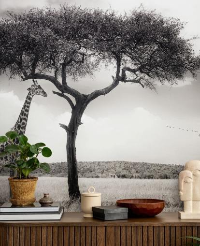 Papel pintado de paisaje de jirafa en blanco y negro