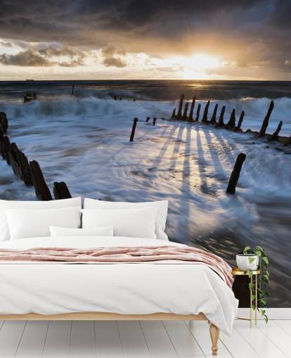 Abend Strand mit schaumigen Wellen Fototapete Abend Strand mit schaumigen Wellen Fototapete