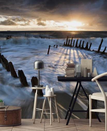 Papier Peint Fresque Plage en soirée avec vagues mousseuses