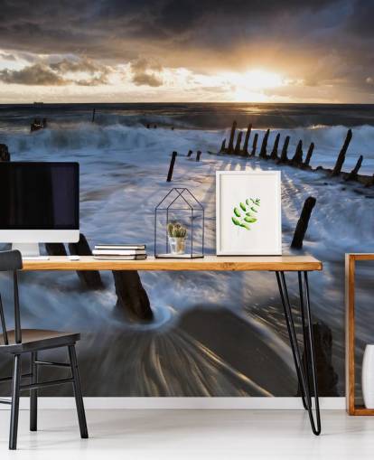 Papier Peint Fresque Plage en soirée avec vagues mousseuses