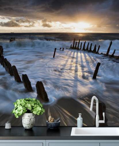 Evening Beach with Frothy Waves Wall Mural