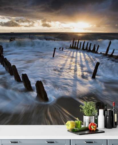 Evening Beach with Frothy Waves Wall Mural Evening Beach with Frothy Waves Wall Mural