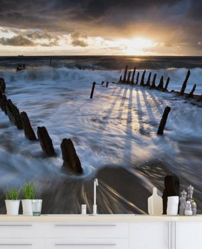 Evening Beach with Frothy Waves Wall Mural